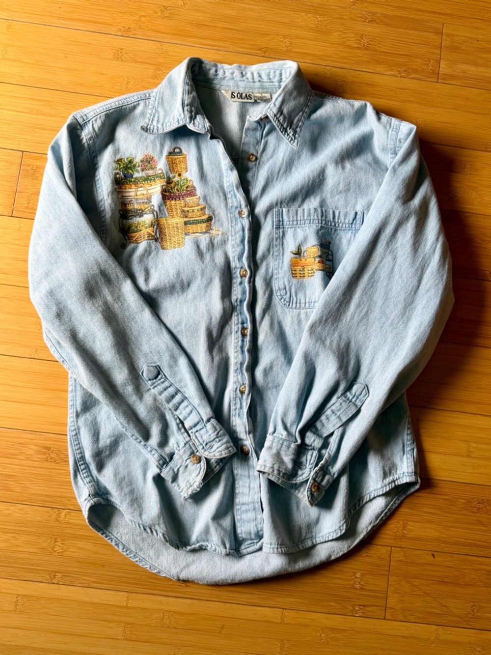 Vintage Las Olas Denim Shirt Basket Print Cottagecore Button Down Distressed